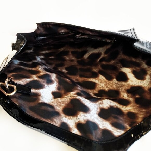 Karen Millen Black Patent Leather Clutch Bag-Leopard Print Interior & Hand Strap - Picture 11 of 14